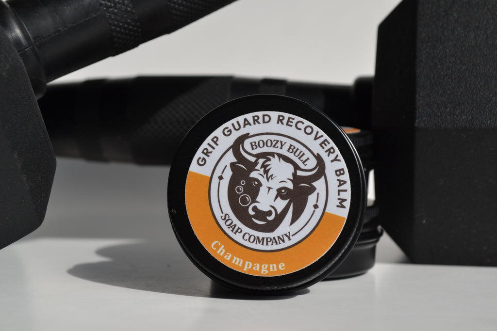 Grip Guard Recovery Balm container with 'Boozy Bull Soap Company' branding on a white surface.